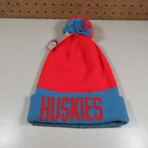 Headwear of Hi-bulk youth red an blue Huskies cuffed pom beanie winter hat NWT - Picture 1 of 5